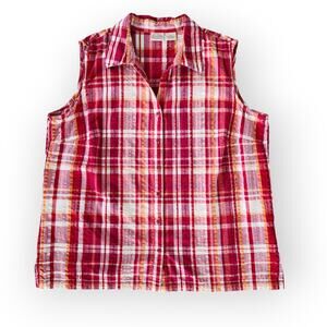 Y2K St Johns Bay Red Orange White Plaid Sleeveless Button Down Top Cotton 2X